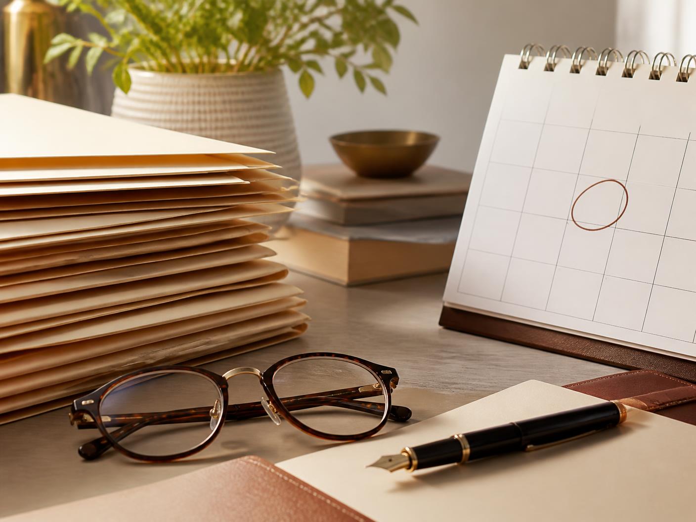 Calendario abierto y documentos ordenados sobre un escritorio