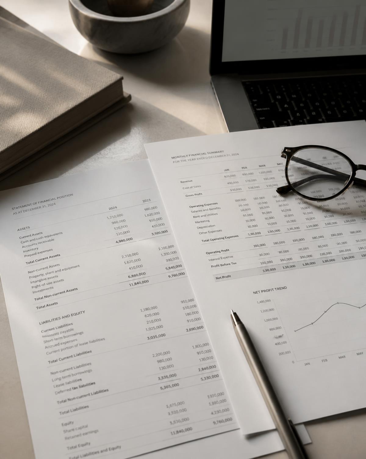 Estados financieros y reportes contables organizados sobre un escritorio de trabajo